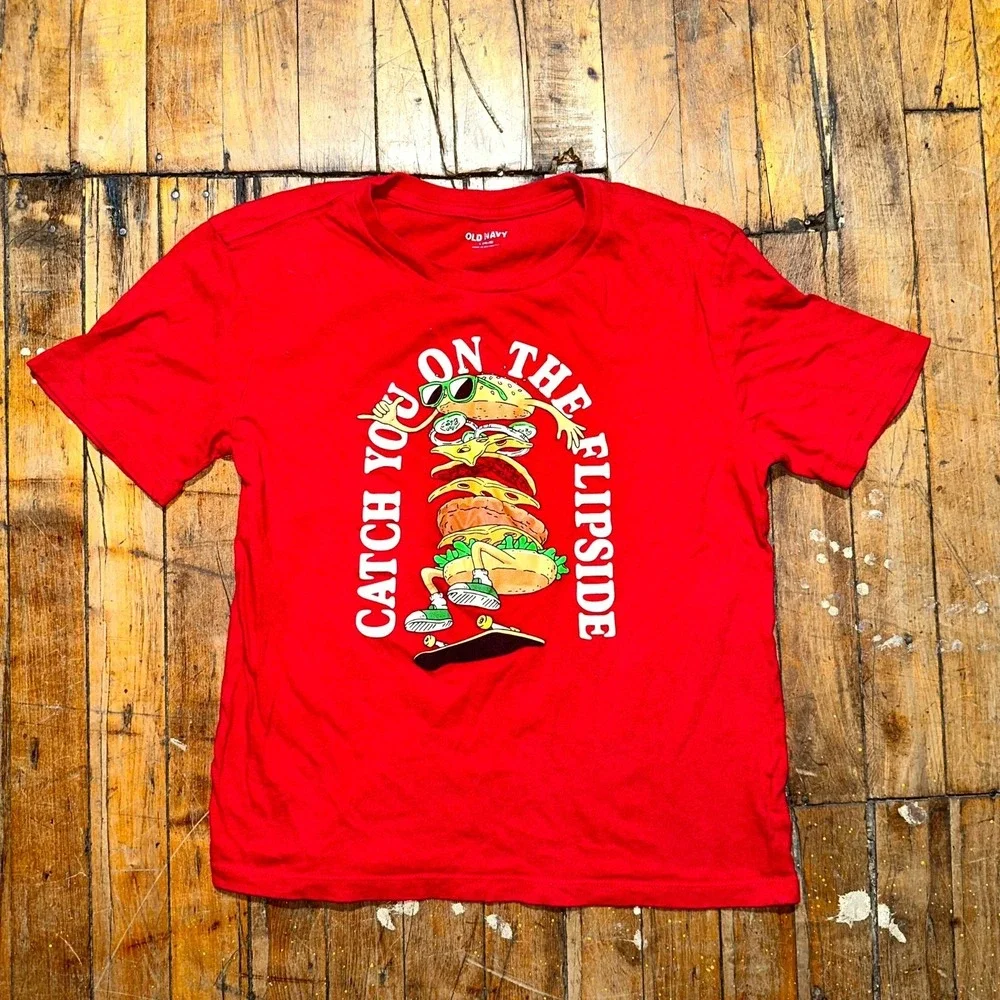 Old Navy Tee Boys Large Red Catch You On‎ The Flipside Burger Graphic Pullover